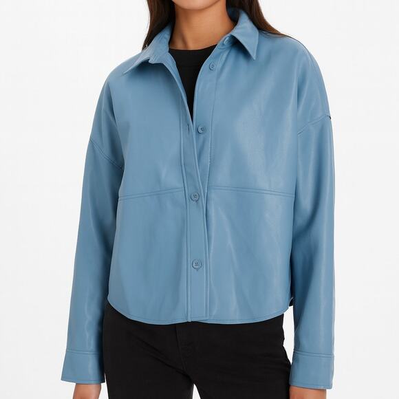 Babaton Pelli Faux Leather Shirt Jacket Blue XL Button Front Long Sleeve - Picture 1 of 11
